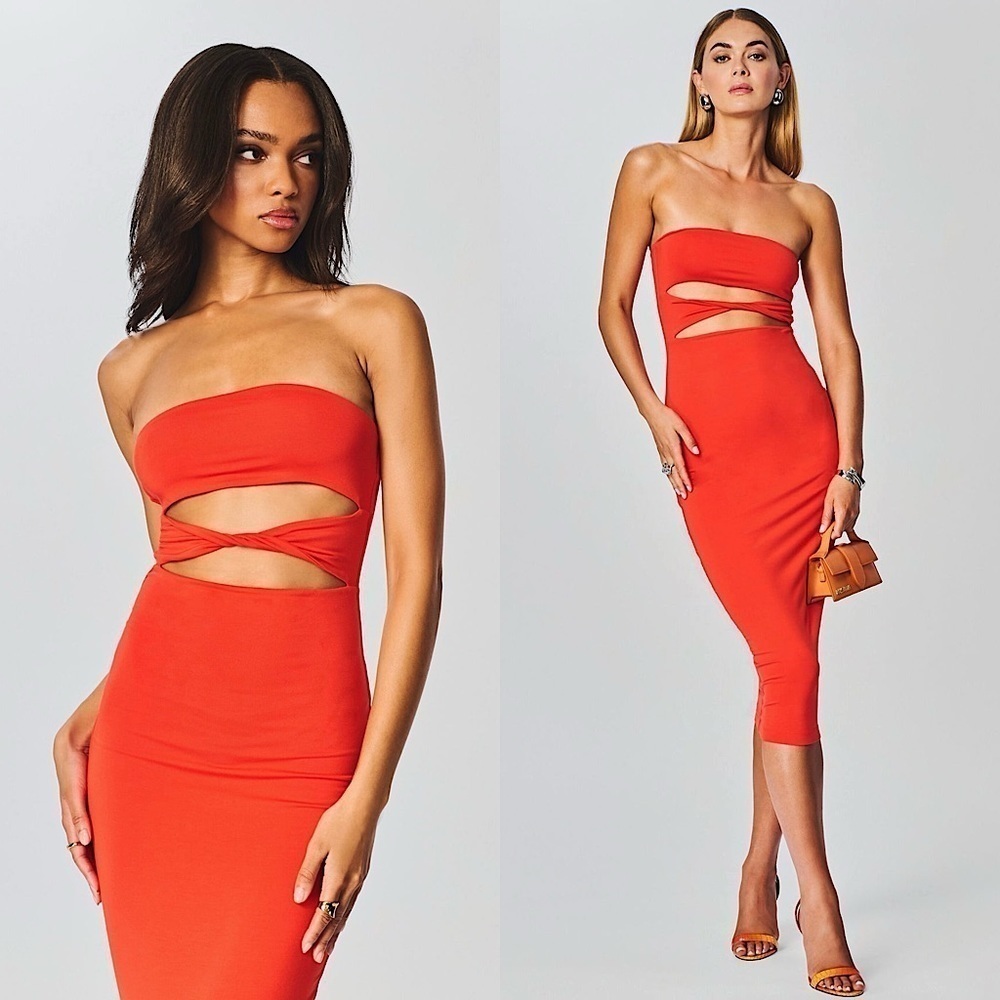 NWT RETROFETE SER.O.YA Strapless Twist Front Cutout Bodycon Jersey Midi Dress XL